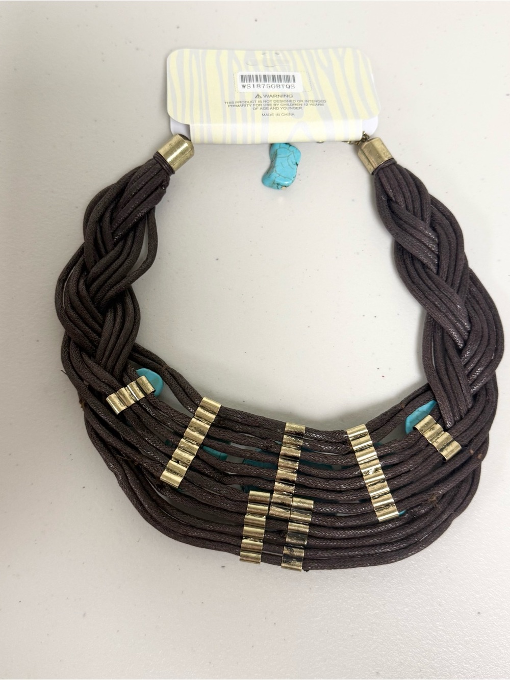 NEW Boutique Boho Brown Leather Multi-Strand Turquoise Stone Statement Necklace - Picture 6 of 6